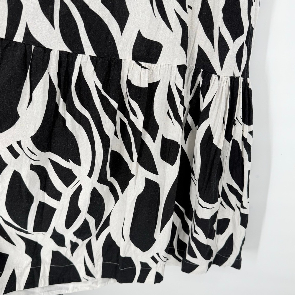 Rachel Zoe Womens Large Midi Dress Black White Abstract Linen Blend Smocked Boho - Picture 5 of 8